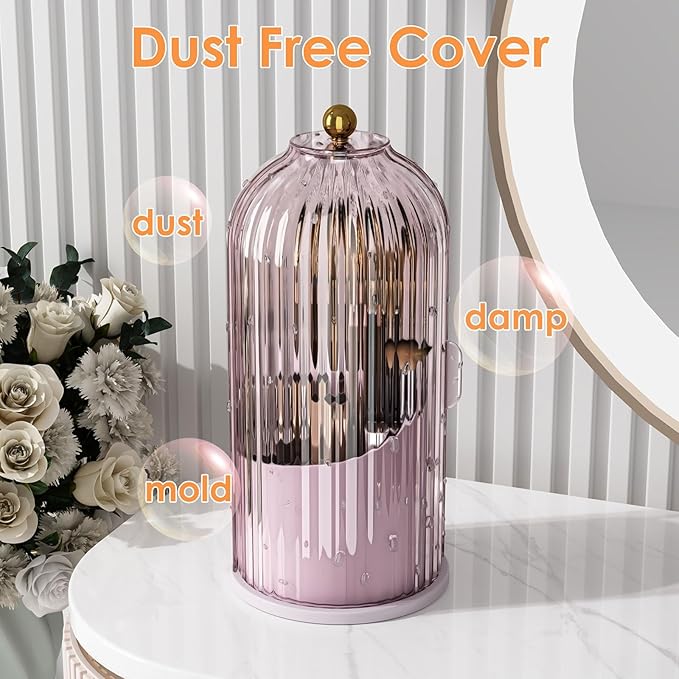 YOOLENS Makeup Brush Holder with Lid 360 Rotating Clear Dustproof Make Up Organizers for Vanity Bathroom Countertop, Pink