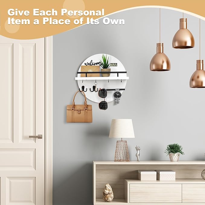 Key Holder for Wall, Key and Mail Holder Organizer with - Key Holder Wall Mount - Round Wooden Rustic Home Decor for Entryway