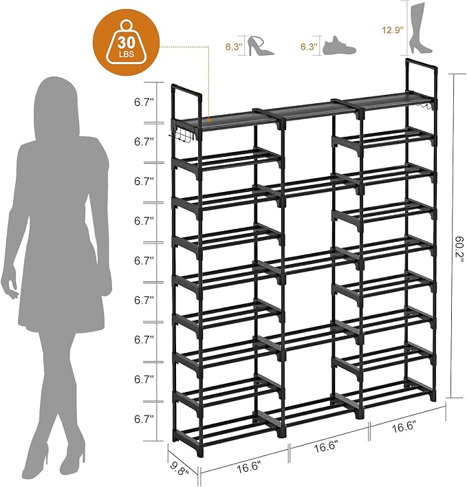 WOWLIVE 9 Tiers Large Shoe Rack Storage Organizer for Closet 50-55 Pairs Shoe Tower Unit Shelf Stackable Shoe Rack with Metal