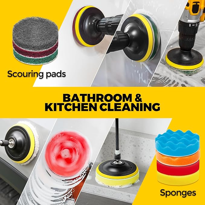 Holikme 22Pack Drill Brush Attachments Set, Scrub Pads & Sponge, Buffing Pads, Power Scrubber Brush, Car Polishing Pad Kit,Wa