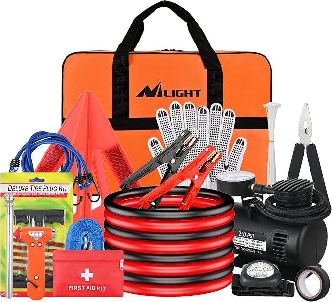 Nilight Car Emergency Kit with Jumper Cable Air Compressor Tire Repair Essential Tools First Aid Alligator Connector Electric