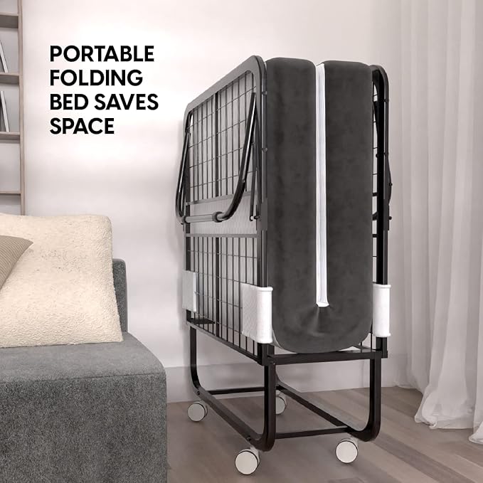 EconoHome Folding Bed with Mattress - 75x31 Cot Size Frame - Portable Rollaway Guest Bed with 5-inch Memory Foam Mattress - S