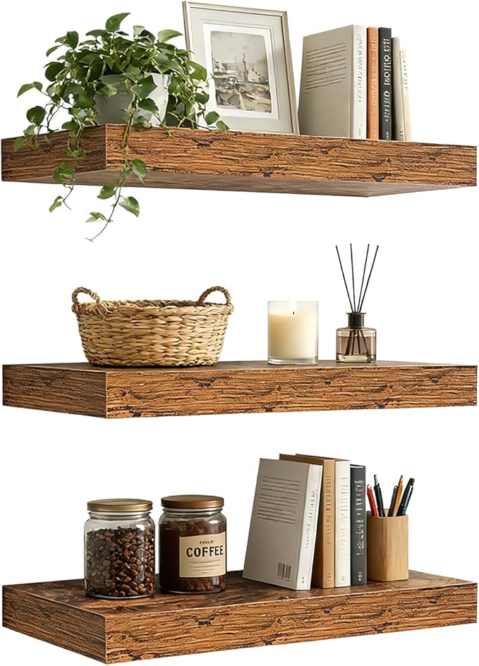 Set of 3 Rustic Brown Solid Wood Floating Shelves 15.7 inch - Wall Mounted Storage Shelves for Bathroom Over Toilet, Bedroom,
