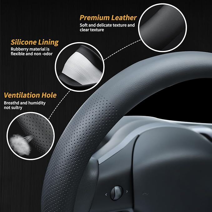 Nappa Leather Steering Wheel Cover Compatible with Tesla Model 3/Y 2016-2025 2026 Juniper/Highland, Non-Slip Breathable Model 3/Y Steering Wheel Protector, Black