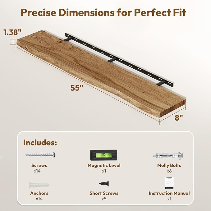 Vivelove 55 Inch Live Edge Floating Shelves Solid Wood, Elm Shelves for Wall with Invisible Bracket for Living Room Bedroom B