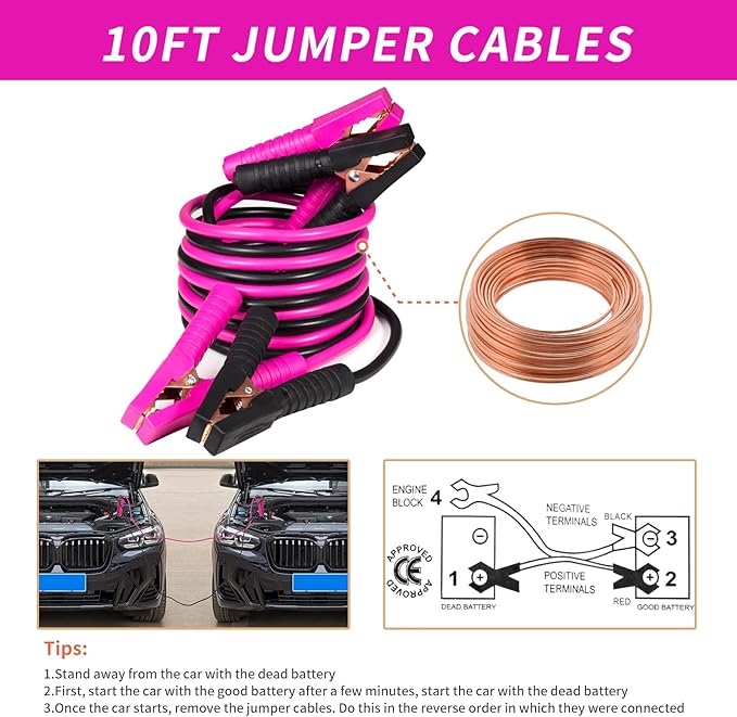 Roadside Emergency Car Kit for Vehicles, Car Safety Kit with Jumper Cables, Safety Hammer, Pink Car Accessories Road Trip Ess