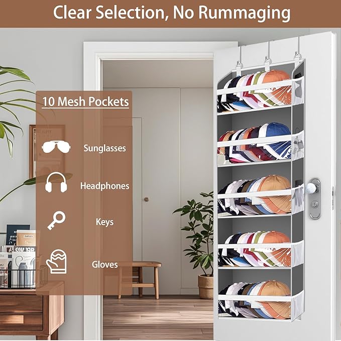 KYEVIS Over the Door Hat Organizer for Baseball Caps, Hold up to 60 Hats Rack Storage for Door/Closet/Wall, Clear Pockets Han
