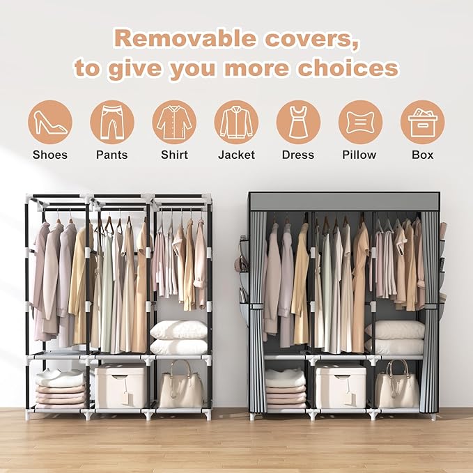 VTRIN Portable Closet Wardrobe for Hanging Clothes Closet with Cover, 3 Hanging rods, 6 Storage Shelves and Side Pocket, Diam