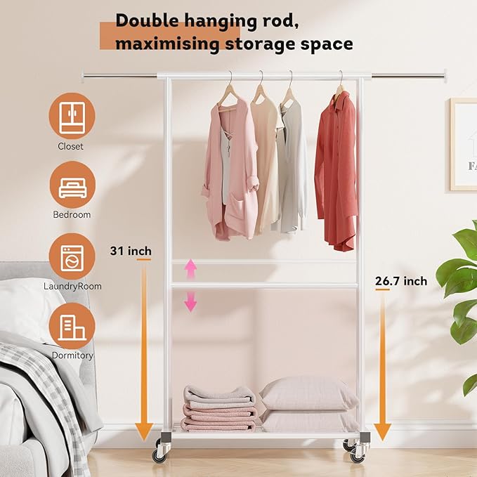 Double Clothing Rack, Clothes Rack for Hanging Clothes, Rolling Garment Rack with Adjustable Rod, White