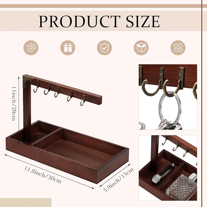 Wonderjune Key Tray for Entryway Table, with 5 Metal Hooks and Wood Base, Vintage Wood Key Tray Stand Holder for Keychain Jew