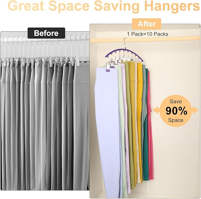Legging Organizer for Closet, Metal Yoga Pants Hanger w/Rubber Coated 4 Pack w/10 Clips Hold 40 Leggings, Hangers Space Savin