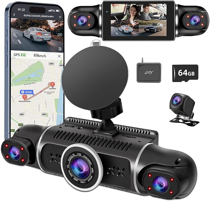 360° Dash Cam Front and Rear View 4 Channel Dash Camera FHD 2K+1080Px3 for Car, Inside/Back 170°+2x150°+170° Wide Angle, 8 IR