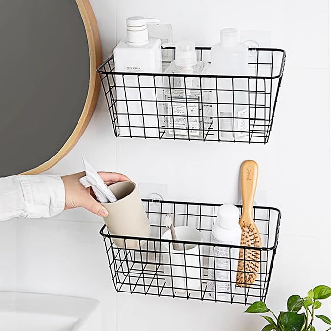 ABuff 6 Pack Metal Wire Storage Baskets Wall Mounted Hanging Wall Basket with Traceless Tape, Hanging Kitchen Organizer Baske