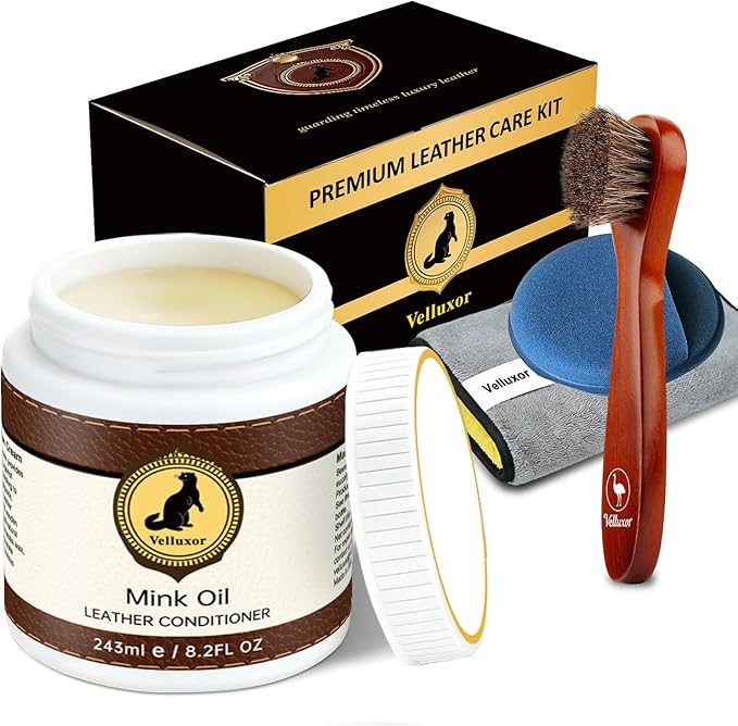 4-in-1 Natural Mink Oil Leather Cleaner and Conditioner 8.2oz, Premium Waterproof Soften Restore Formula – Leather Cleaner & 