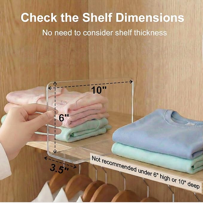 SortNStore Shelf Dividers for Closet Organization: 6" Tall x 10" Deep, Deeper Adhesive Separators Features Acrylic Material a