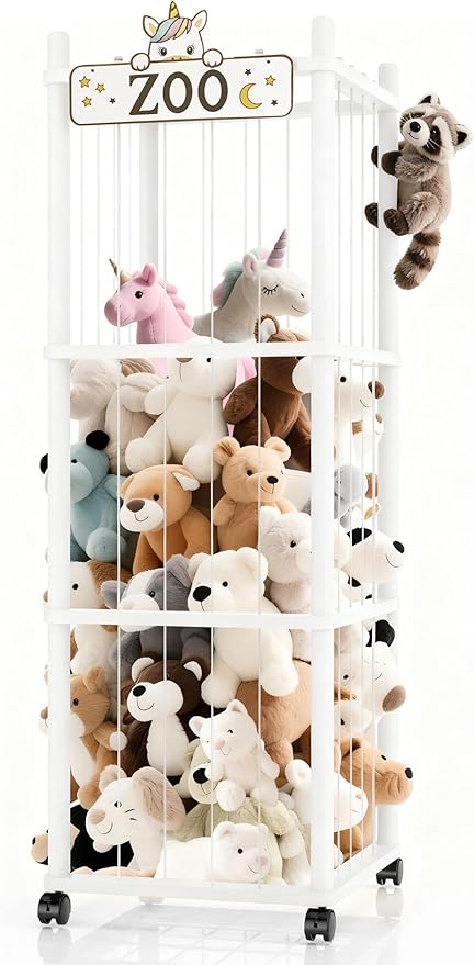 Stuffed Animal Storage Zoo Tower,56In Wooden Large Stuffed Animal Holder Organizer with Wheels,Stuffy Plushies Storage with E