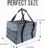 Extra Large Utility Tote Bag - Oversized Collapsible Tote with Wire Frame, Durable Reusable for Beach, Groceries, Laundry, Car Trunk, Storage and Travel - Includes 5x7 Bag with Hook - Geo Navy