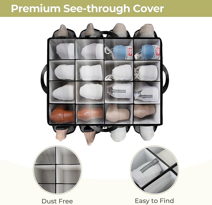 Shoe Organizer for Closet, Shoe Storage Solution with Clear Cover & Adjustable Dividers, Fabric Shoe Box Fits 16 +8 Pairs Sho