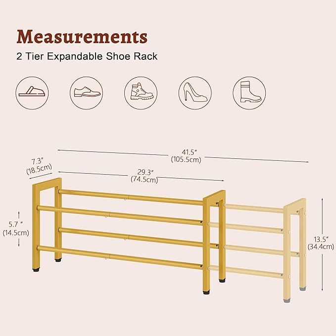 FAVOOSTY 2-Tier Expandable Shoe Rack, Adjustable Shoe Shelf Storage Organizer Space Saving Metal Free Standing Shoe Rack for 