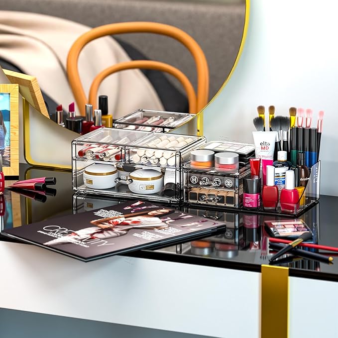 SUOXING Clear Acrylic Makeup Organizer for Vanity,Bathroom,Dresser,5 Drawer Make up Organizers for Counter,Plastic Countertop