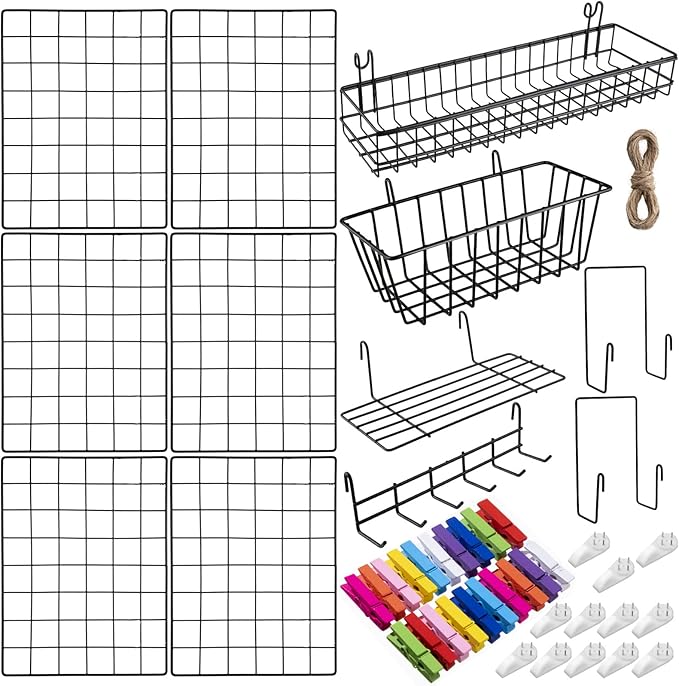 6 Pack 16 x 12 Inch Black Wall Grid Wire Panel with Accessories 1 Black Hanging Wire Basket, 1 Shelf, 1 Hook Rack, 2 Letter S