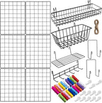 6 Pack 16 x 12 Inch Black Wall Grid Wire Panel with Accessories 1 Black Hanging Wire Basket, 1 Shelf, 1 Hook Rack, 2 Letter S