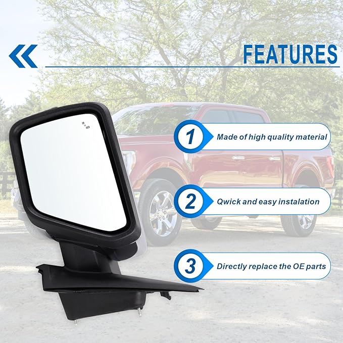 Left Driver Side Mirror Compatible With 2021-2026 Ford F150 With Manual Folding Power Glass Heated Blind Spot Turn Signal Light Puddle Light Chrome Replace#ML3Z17683SA(11Pins)