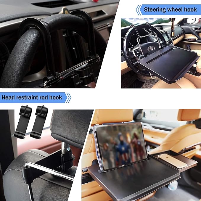 Car Steering Wheel Tray Multi-Functional Back Seat Headrest Tray Black Car Desk for Laptop Working Writing Eating Food Drinking with Extended Drawer
