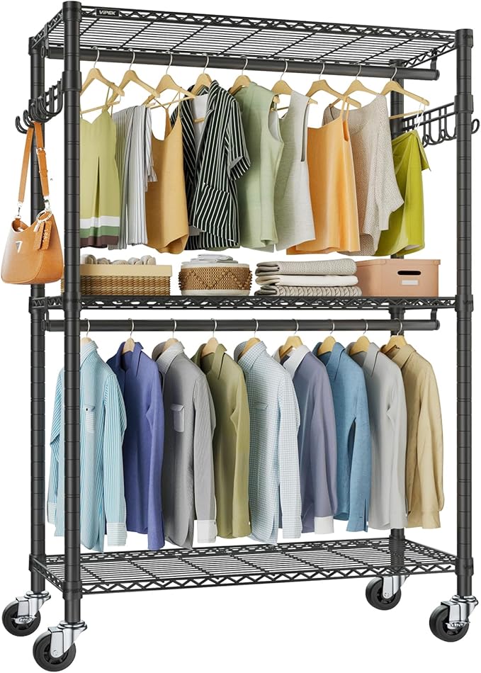 VIPEK R2 Plus Heavy Duty Rolling Garment Rack 3 Tiers Adjustable Wire Shelving Clothes Rack with Double Rods and Side Hooks, 