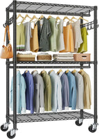 VIPEK R2 Plus Heavy Duty Rolling Garment Rack 3 Tiers Adjustable Wire Shelving Clothes Rack with Double Rods and Side Hooks, 