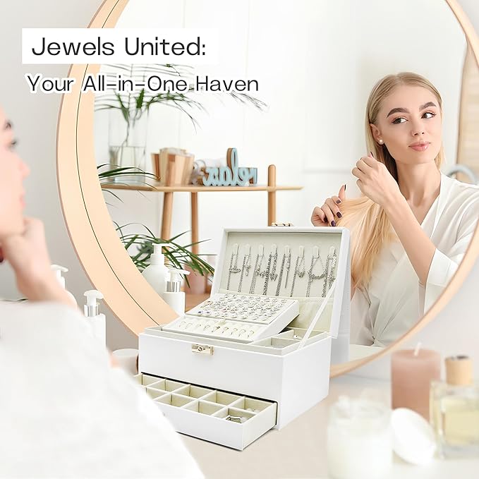 Jewelry Organizer Box, Jewelry Box Organizers for Women Girls, Jewellery Display Holder, 3 Layers Large Leather Jewels Storag