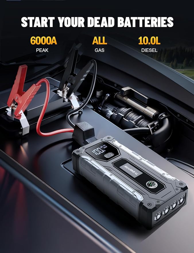 Sharmeal Car Battery Jump Starter 6000A, Jump Starter Battery Pack for All Gas and 10.0L Diesel, 12V Portable Jump Box with
