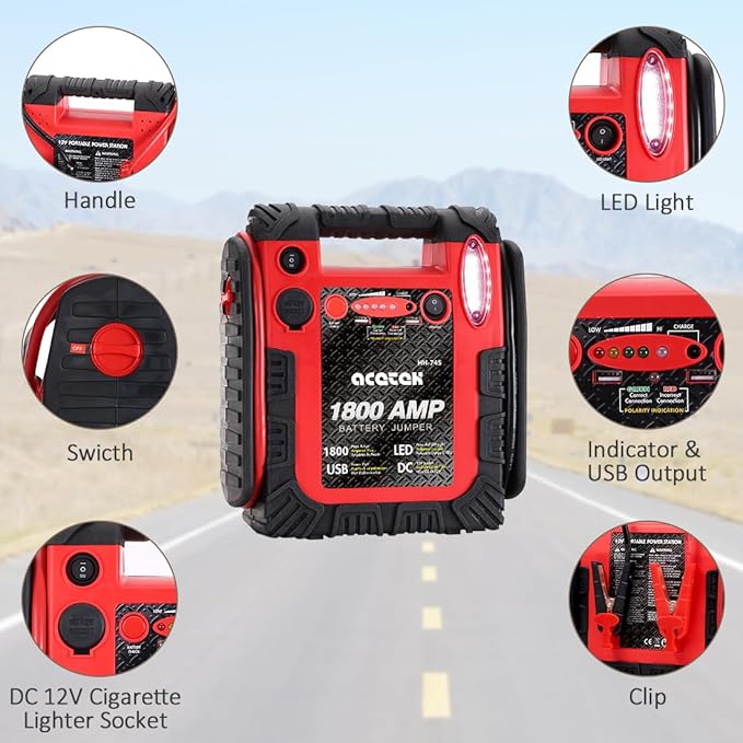 1800 Amp Car Jump Starter Portable Battery Charger, 20000 mAh Emergency Supply Power Pack (Up to 6 L Gas or 6 L Diesel