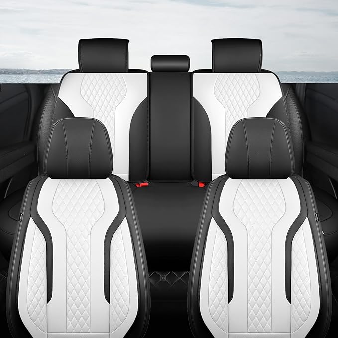Leather Car Seat Covers Full Set, Breathable Faux Leather Seat Covers for Cars SUV Sedan Waterproof Blackwhite