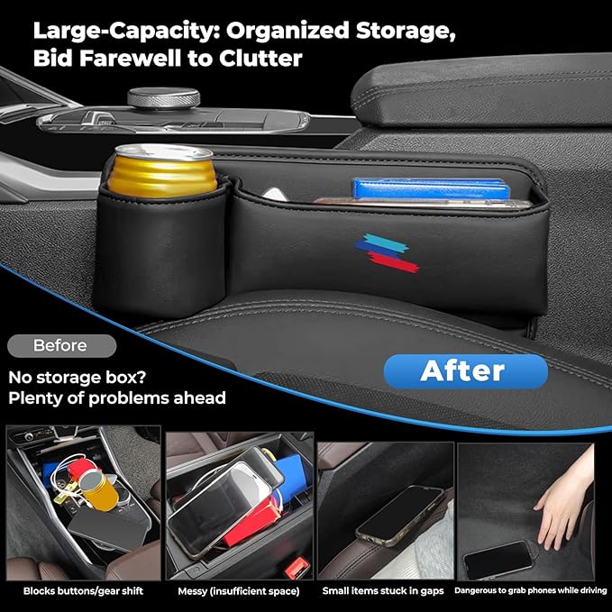 2 PCS Car Seat Gap Filler Organizer, Thickened Anti-Slip Leather Car Seat Crevice Storage Box with Cup Holder for BMW X3 X5 X7 X1 X6 X4 X1 X2 3 4 5 7 1 2 Accessories, with Sporty M 3-color logo