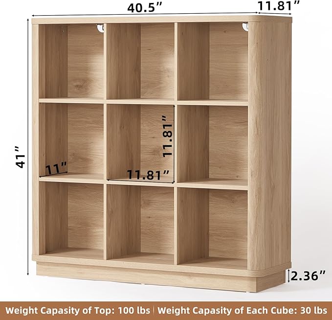 Joaxswe 9 Cube Storage Book Shelf, 41" Tall Organizer Bookshelf with Curved Edge, Modern Floor Standing 3-Tier Cubby Bookcase