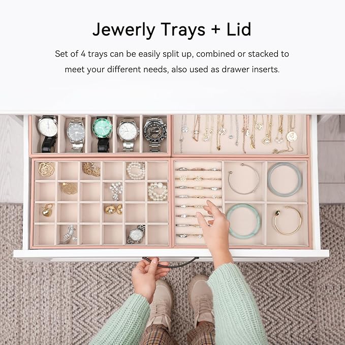Voova Stackable Jewelry Organizer Tray with Lid, PU Leather Jewelry Storage Holder for Drawer Inserts, Jewellery Display Box 