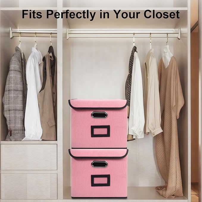 File Storage Box with Lid, 15.55x12.87x10.43 Inches, Foldable Organizer with Handles & Label Slot, for File Storage, Home, Of