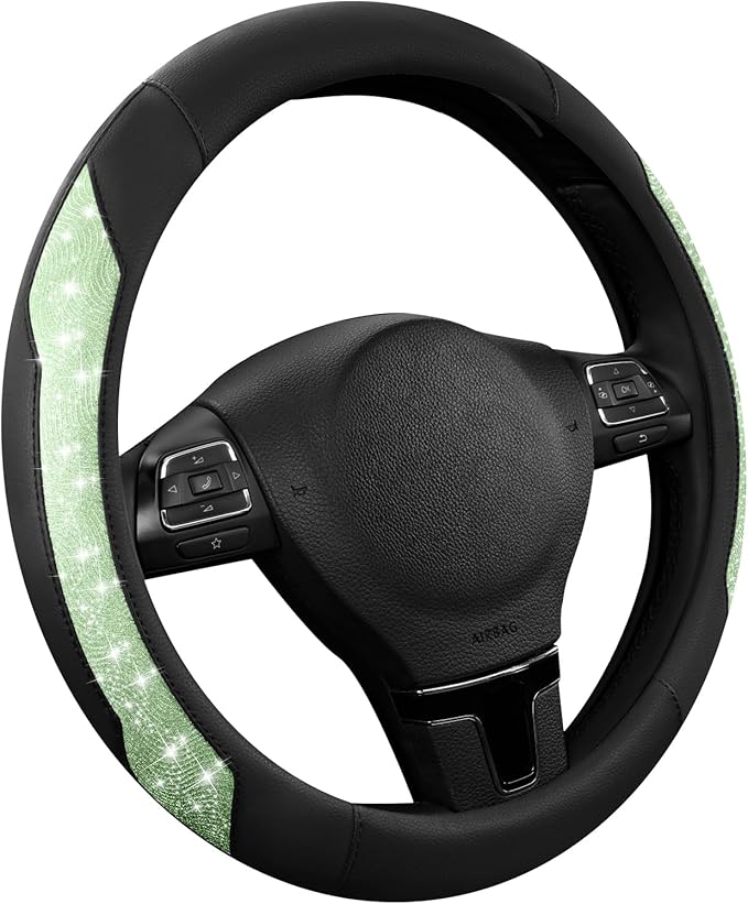 PIC AUTO Steering Wheel Cover, Green Sparkly Crystal Bling Glitter with Leather, Universal Fit 14.5"-15.5" Car Steering Wheel