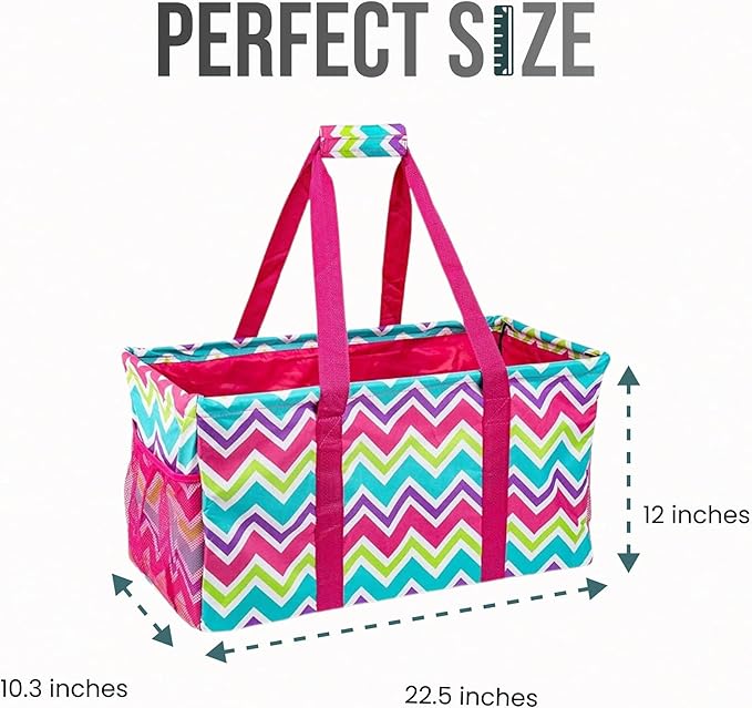 Extra Large Utility Tote Bag - Oversized Collapsible Reusable Wire Frame Rectangular Canvas Basket With Two Exterior Pockets For Beach, Pool, Laundry, Car Trunk, Storage - Chevron Multi