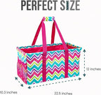 Extra Large Utility Tote Bag - Oversized Collapsible Reusable Wire Frame Rectangular Canvas Basket With Two Exterior Pockets For Beach, Pool, Laundry, Car Trunk, Storage - Chevron Multi
