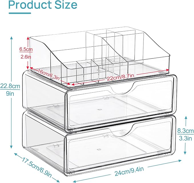 Vtopmart 3 Tier Clear Makeup Organizer with Drawer, Cosmetic Storage for Dresser Countertop and Bathroom Vanity, Beauty Holde