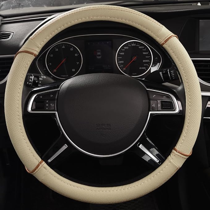 CAR PASS Line Rider Universal Fit Delux Leather Steering Wheel Cover, for suvs,sedans,Vans,Trucks for 14.7" to 15" (Beige)
