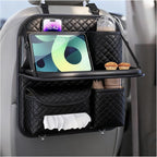 Leather Car Backseat Organizer with Foldable Table Tray, Hanging Car Storage Bag with Tablet Holder, Car Seat Back Protectors Kick Mats Travel Accessories (1)