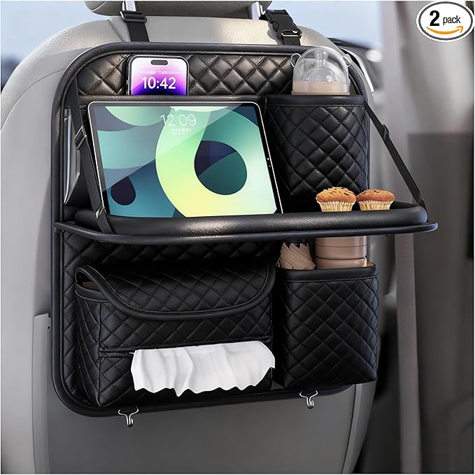 Leather Car Backseat Organizer with Foldable Table Tray, Hanging Car Storage Bag with Tablet Holder, Car Seat Back Protectors Kick Mats Travel Accessories (2)