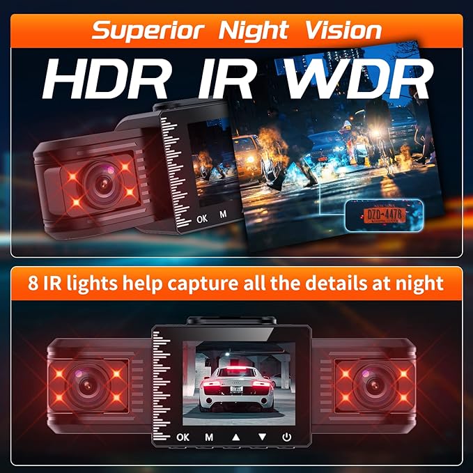 iiwey T1-pro Dash Cam Front and Rear Inside 3 Channel 1080P, Adjustable Lens Dash Camera for Cars with 8 IR Lamps Night Visio