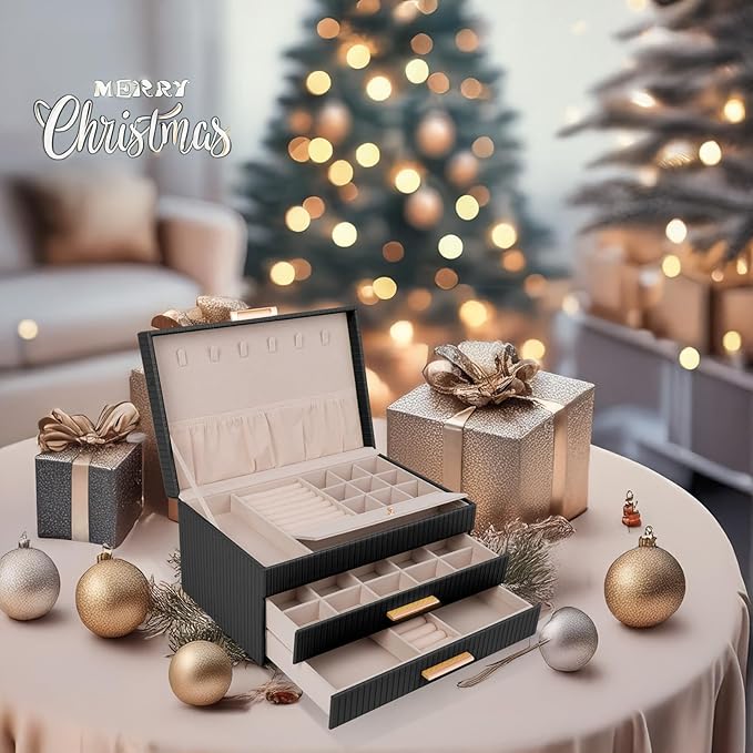 Dajasan Jewelry Box Organizer, 3-Tier Jewelry Storage with 2 Drawers, Large Jewelry Boxes for Women, PU Leather Surface with 