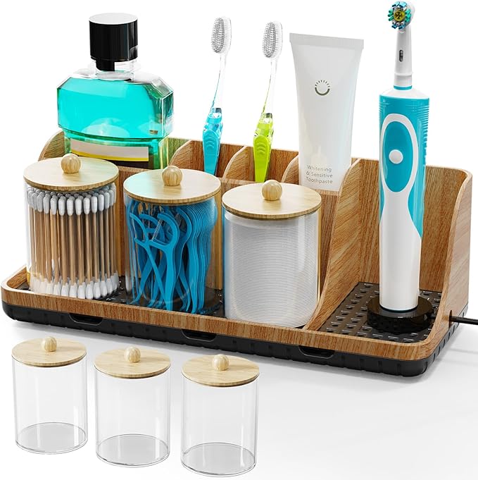 PARKMANI Bathroom Counter Organizer, Bathrooms Toothbrush Holder Set with 3 PCS Qtip Holder, Kids Electric Toothbrush and Too