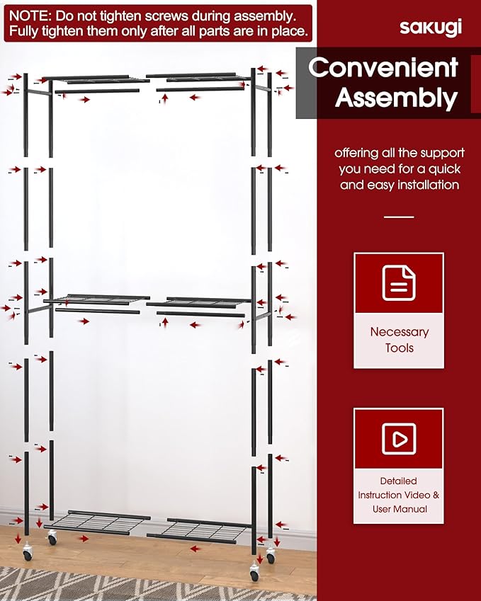 Sakugi Clothes Rack - 33.0" x 12.2" x 79.5" Clothing Rack with Shelves & Wheels, Multi-Functional Wardrobe Closet with Hooks,