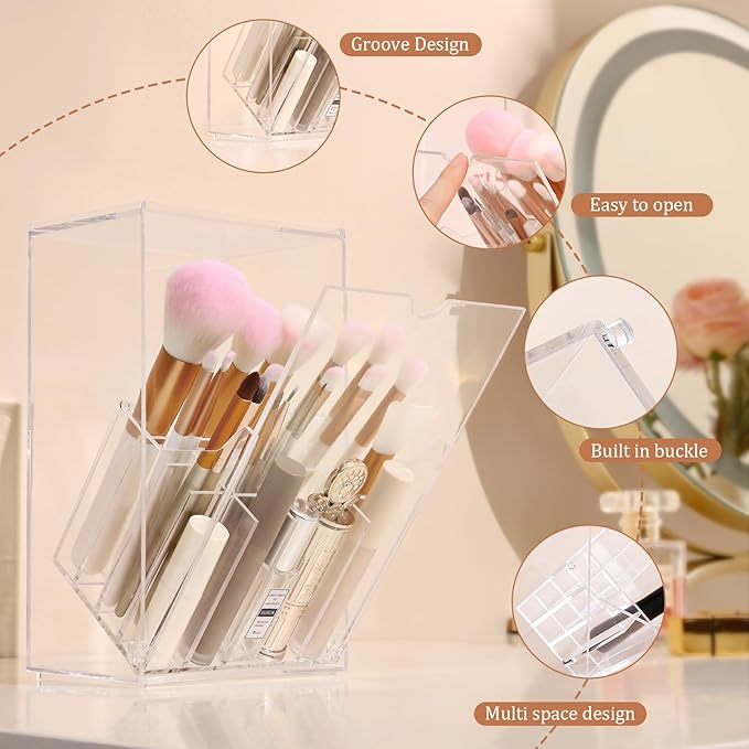 Acrylic Makeup Brush Holder with Slanted Flip-Top Lid - Clear Dustproof Cosmetic Make up Brush Organizer and Storage Box - La